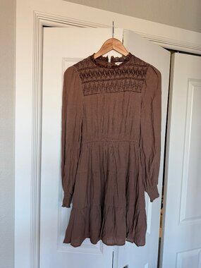 Blu Pepper Mocha Smocked Embroidered Tiered Mini Dress Lace Collar SzS